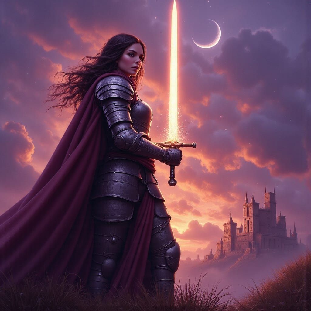 Knight Before Castle at Twilight, Epic Fantasy Art