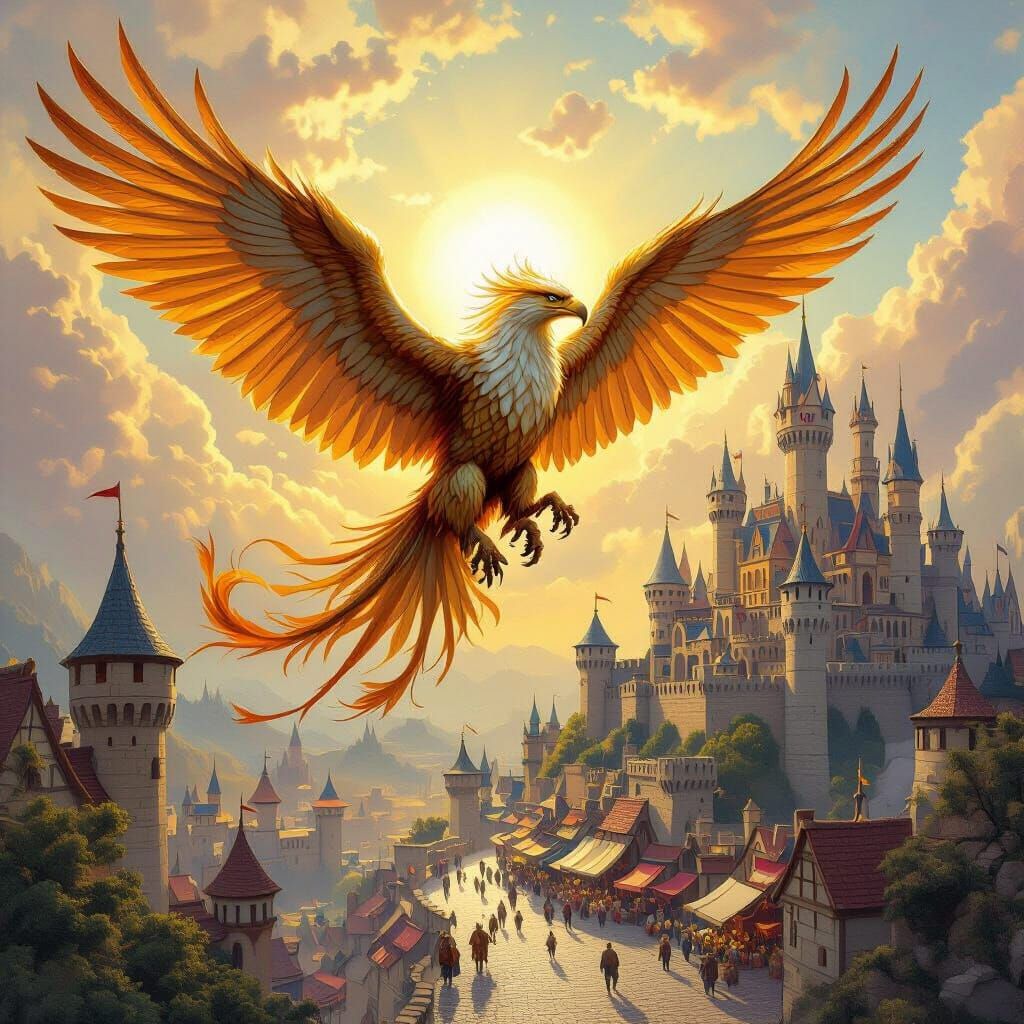 Griffin Soaring Above Medieval Kingdom