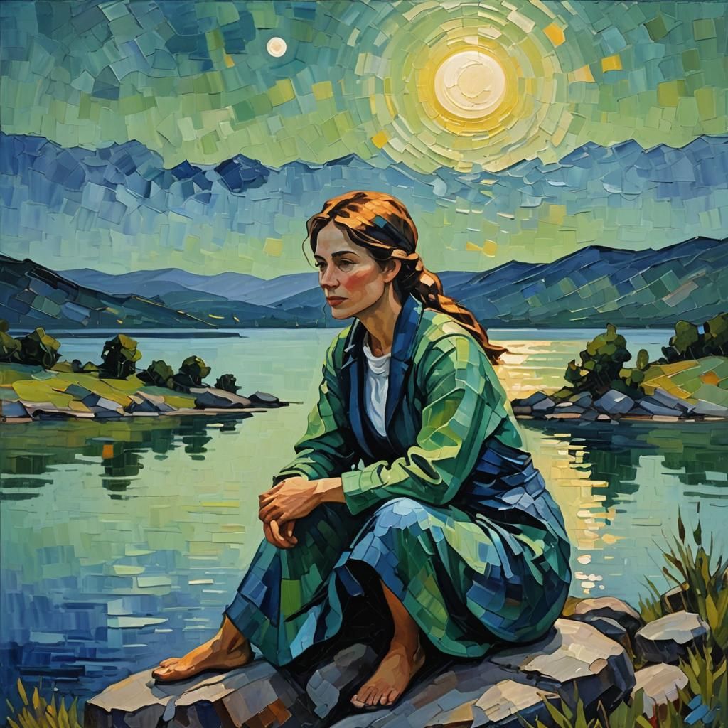 Impressionist Painting of Woman by Lake at Night