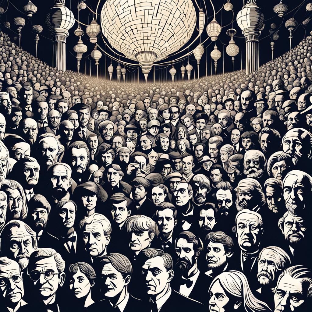 Darkened Ballroom Scene with Crowded Figures