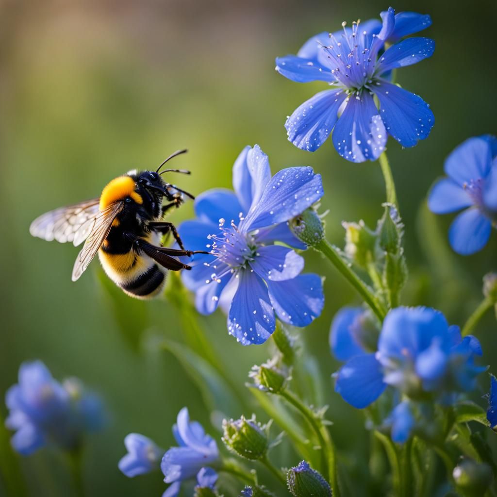 Bumblebee and Blue Flowers in Dew, Photography