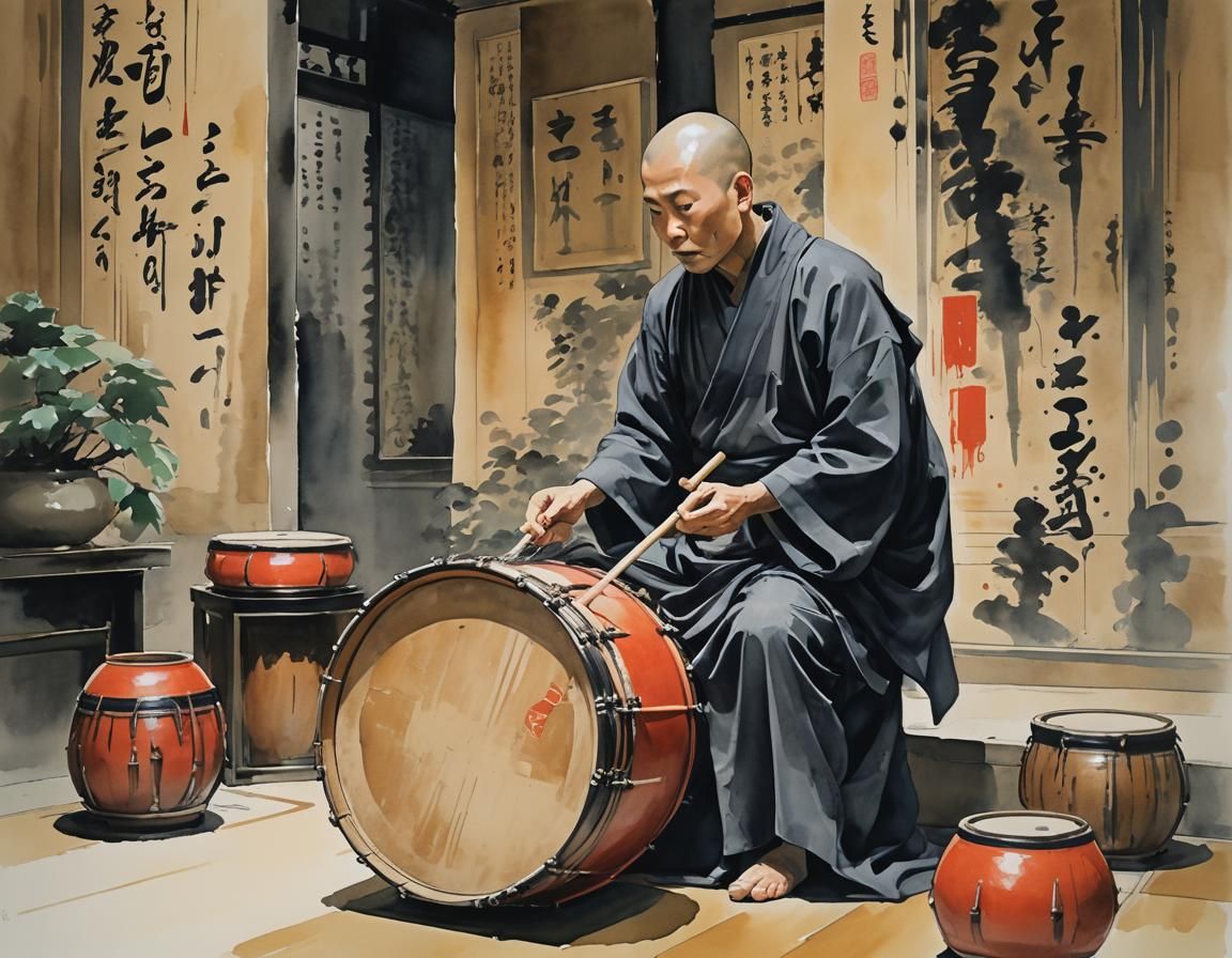 Monk and Temple Drum in Impressionist Gouache Style