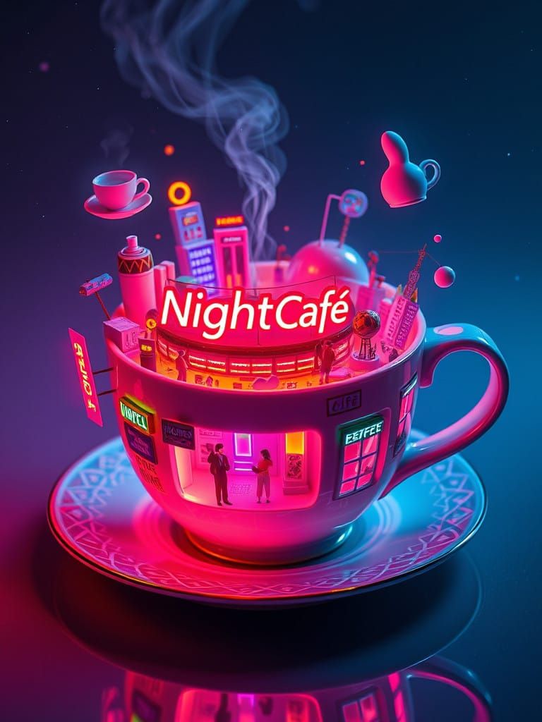 Surreal Neon Cityscape Unfolds from a Glowing Coffee Cup
