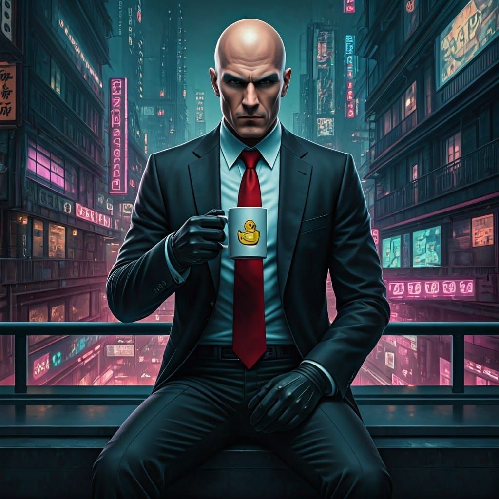 Agent 47 Drinks Coffee in Cyberpunk Cityscape