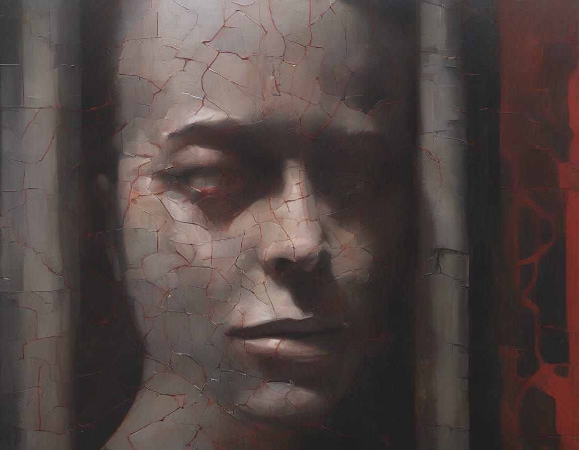 Dual-Faced Figure in Brutalist Maze: Dark Expressionism