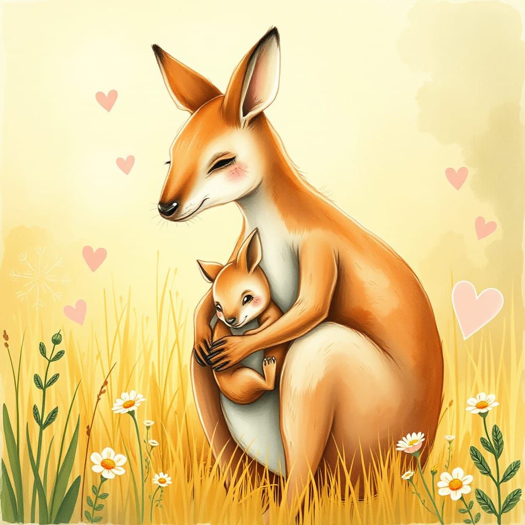 Mother Kangaroo's Tender Hug in Whimsical Watercolor Style