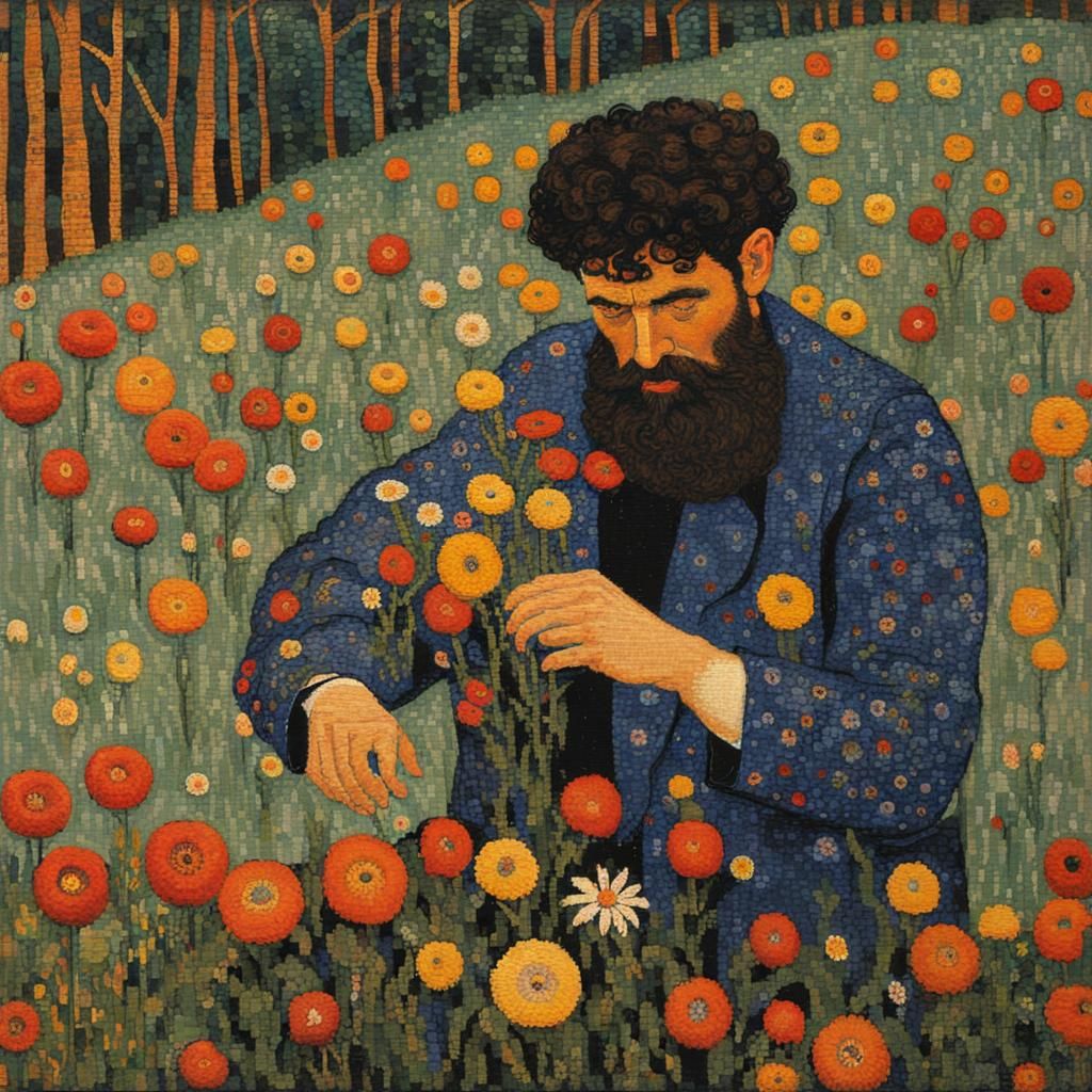 Man Picking Flowers in Needlepoint Klimt Style