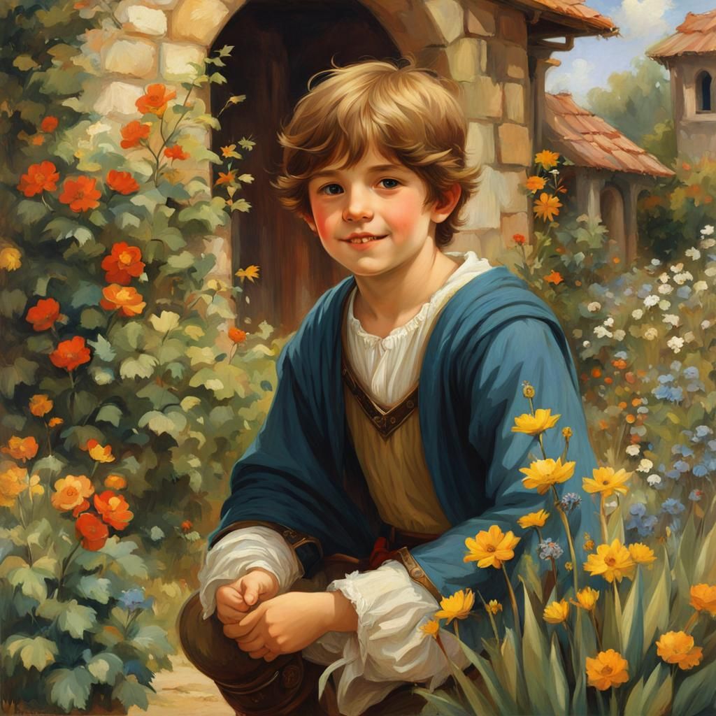Cheerful Boy in Medieval Garden, Waterhouse Style