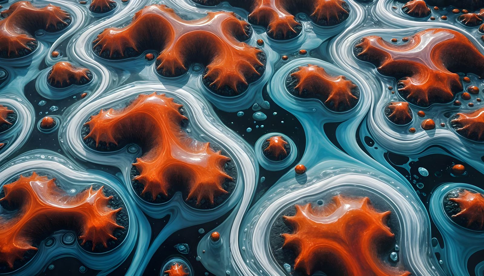 A flowing thick blue river full of red alien parasite