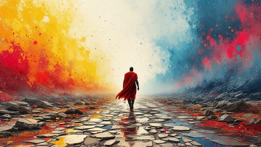 Ancient Warrior in Shattered Runes Landscape, in Pop Art Tex...