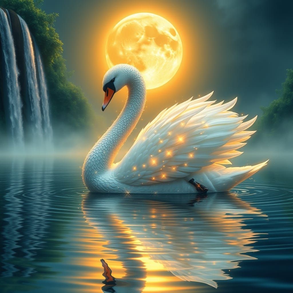 Surreal Swan Basks in Luminous Moonlight Amidst Vibrant Gree...