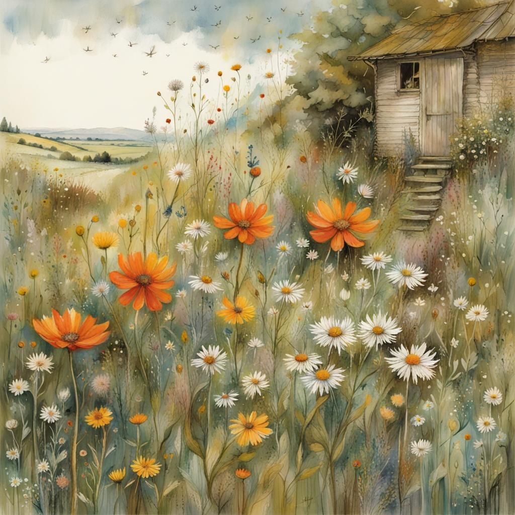 Wildflower Field in Watercolor Style