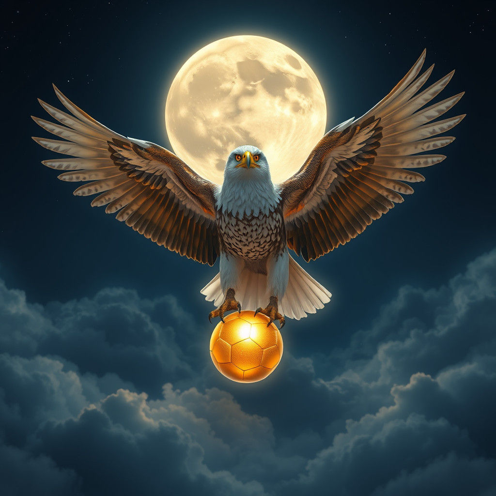 Eagle Grasping Golden Soccer Ball Under Moonlit Sky