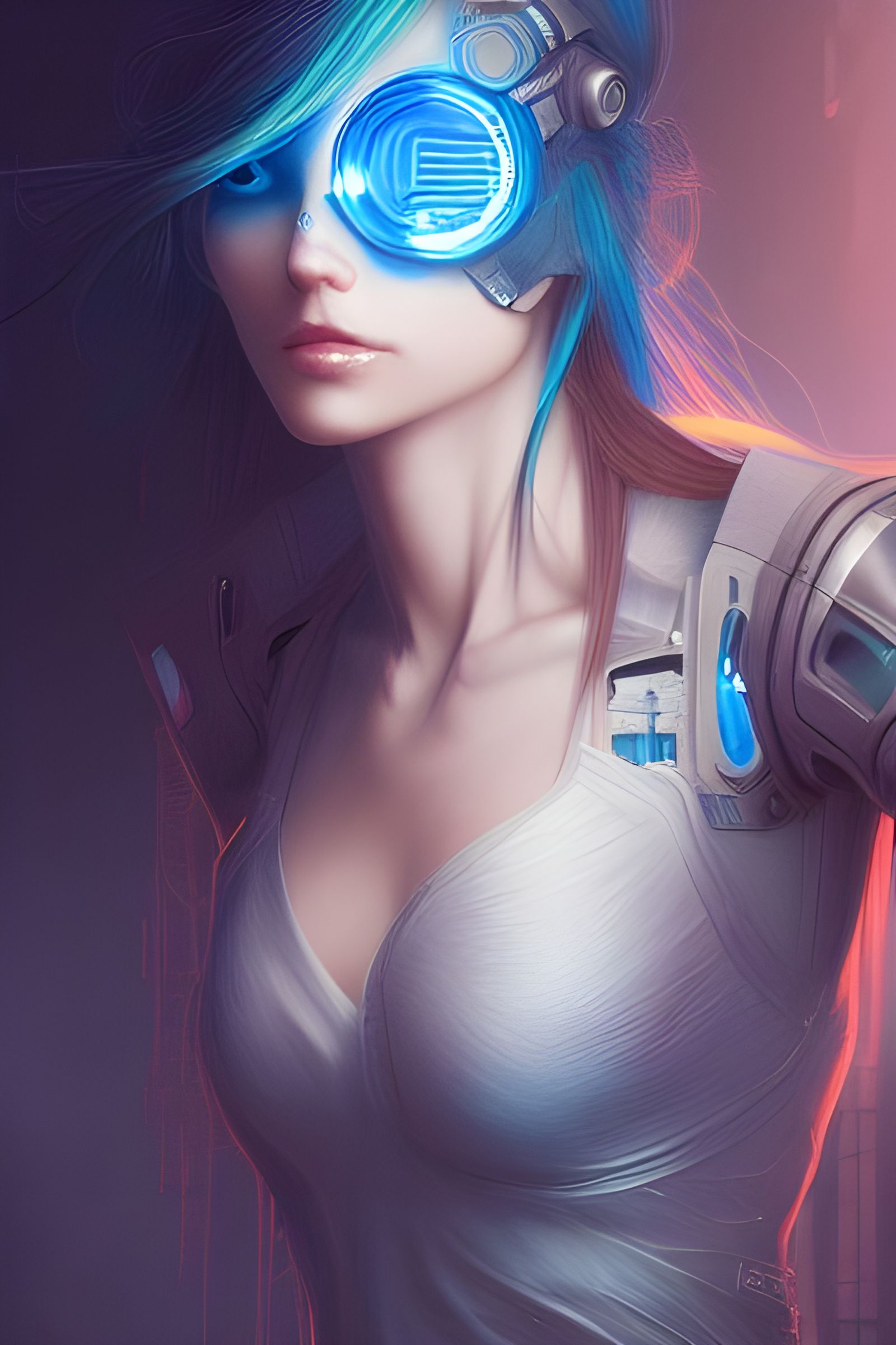 Cyberpunk Goddess with Blue Hair, Digital Illustration
