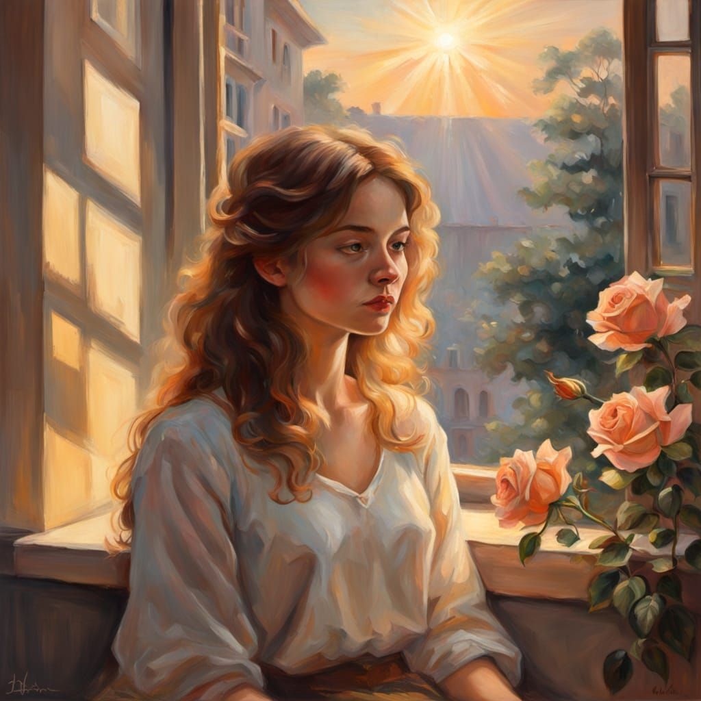 Ethereal Woman with Rose by Window