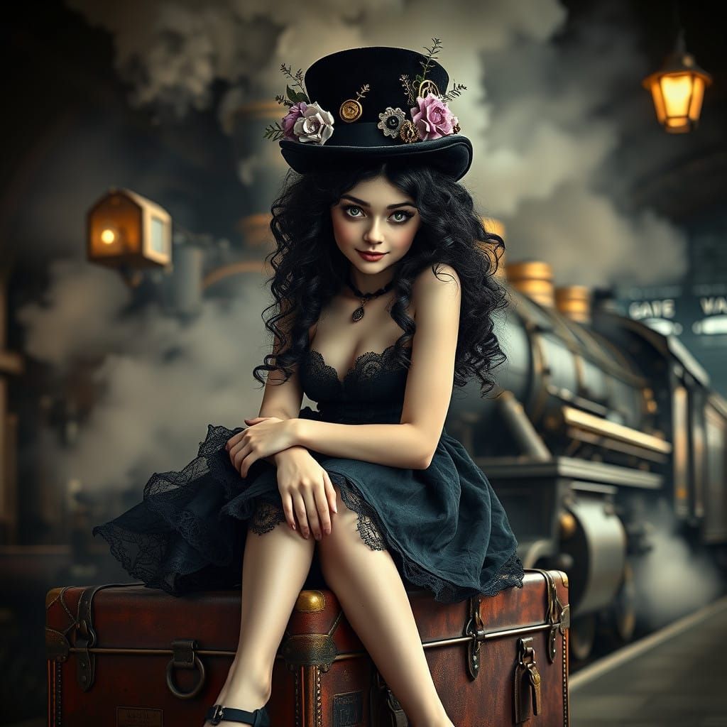 Goth Girl in Steampunk Attire Sits atop Vintage Suitcase
