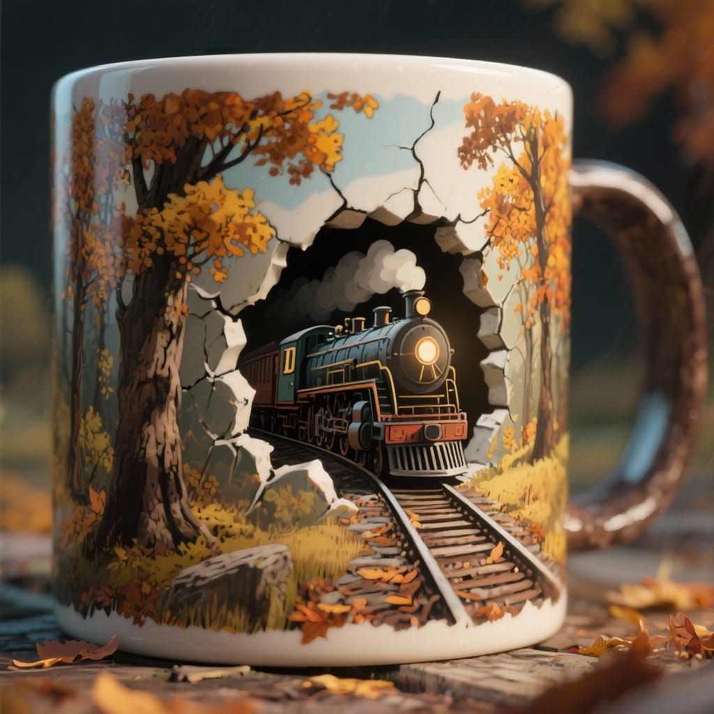 Train Emerging from Mug Artwork in Autumn Forest