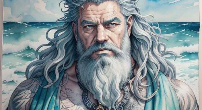 Poseidon, God of the Sea, in a Watercolor Tempest
