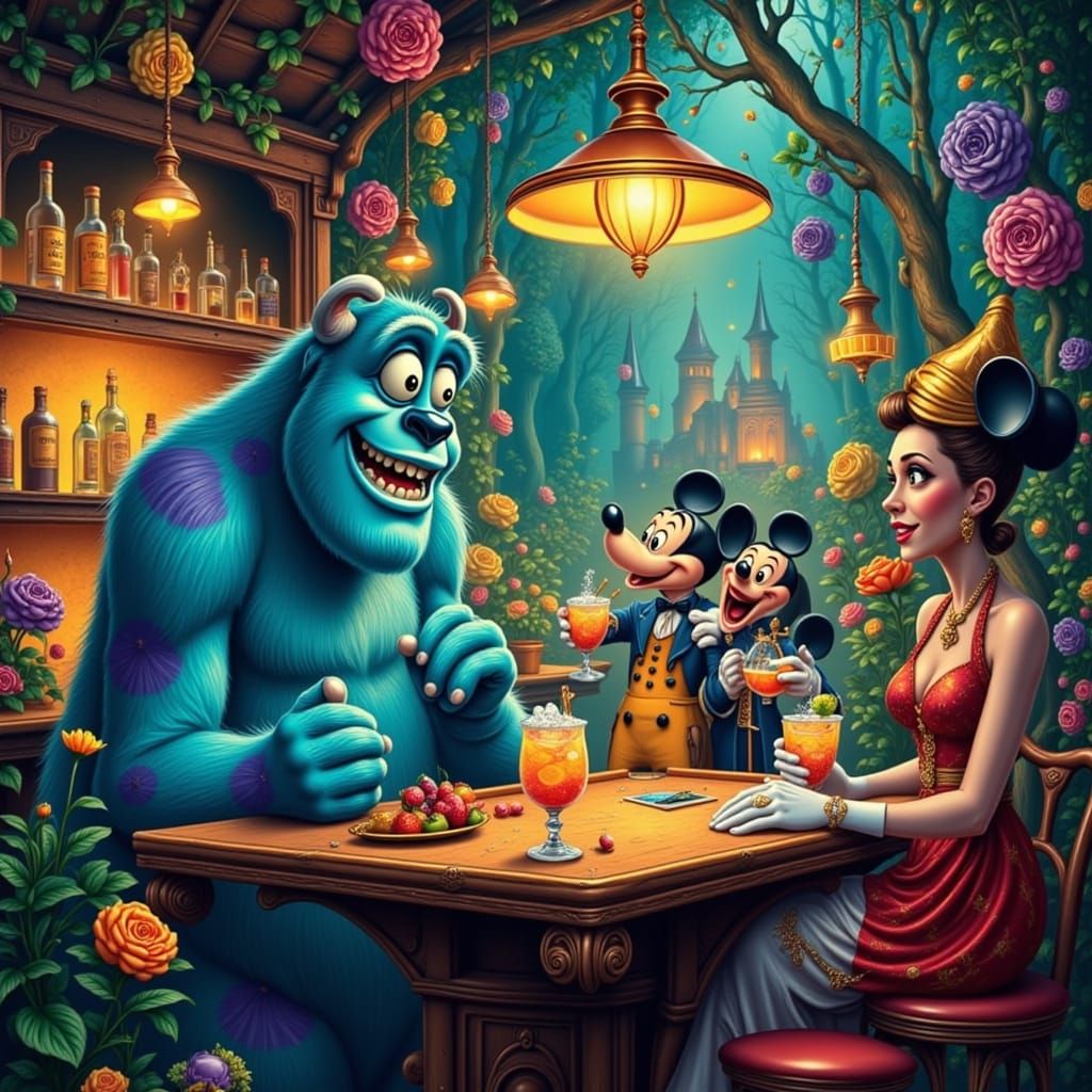 Whimsical Disney Characters in Enchanted Fairytale Bar