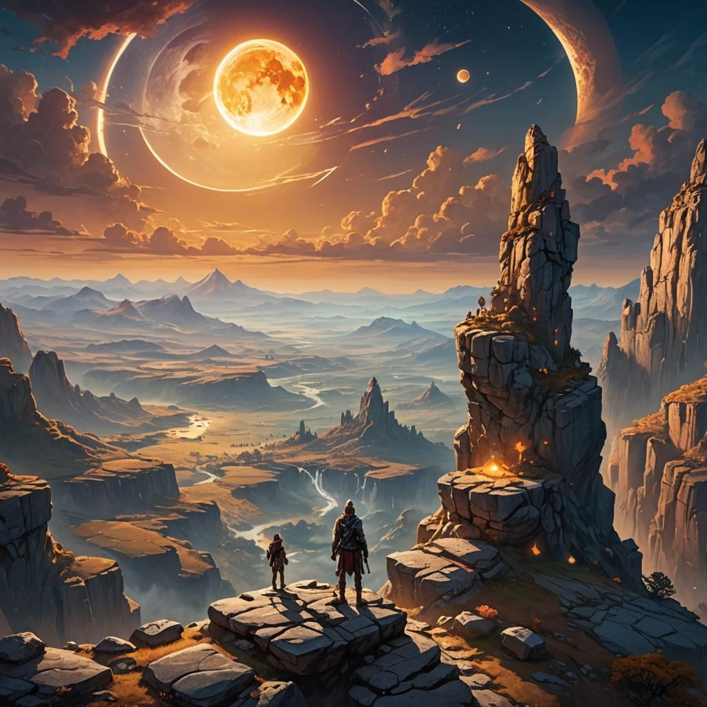 Mystical Landscape with Adventurer Under Two Moons