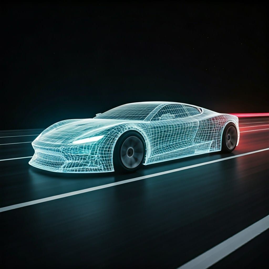 Sleek Futuristic Car Speeds Down Moonlit Highway in Neon-Lit...