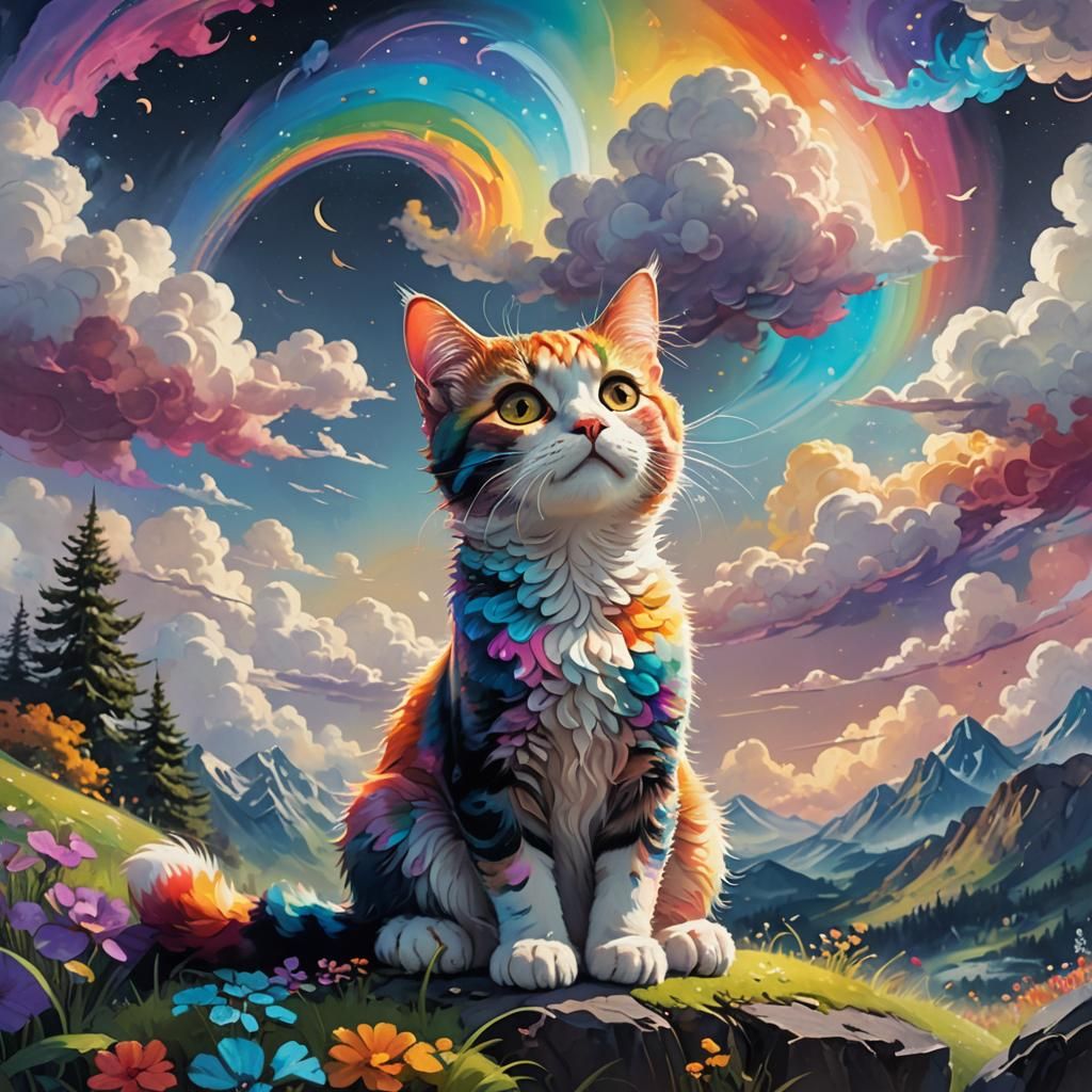 Adorable Ava-Cat-O in Whimsical Rainbow Landscape