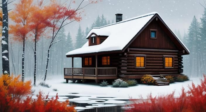 Watercolor Cabin in Snowy Autumn Woods