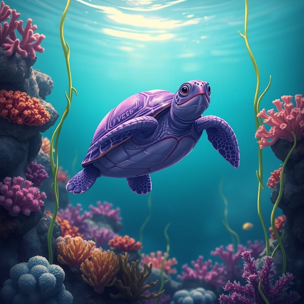 Purple Turtle Underwater in Whimsical Digital Art Style