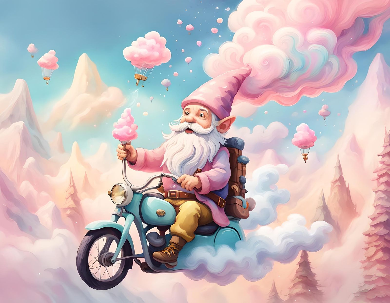Gnome Rides Cotton Candy Cloud in Vibrant Colors