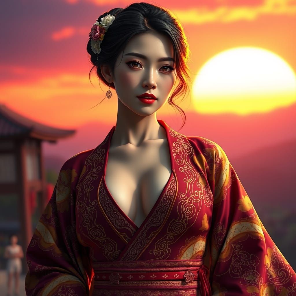 Japanese Woman in Kimono at Sunset: Dark Fantasy Art