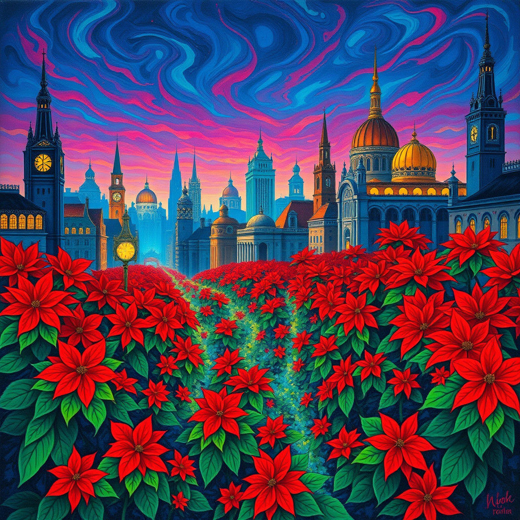 Fantasy Christmas Poinsettia City in Abstract Style