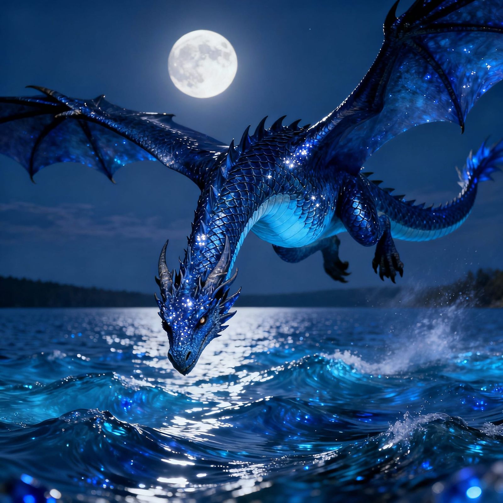 Dragon Over Sapphire Lake in Moonlight