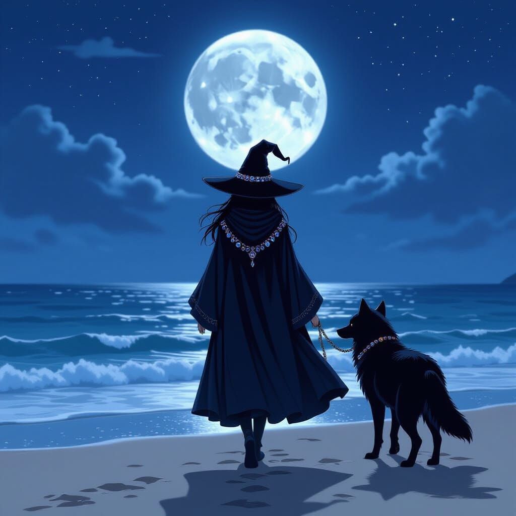 Mysterious Witch and Wolf on Moonlit Beach