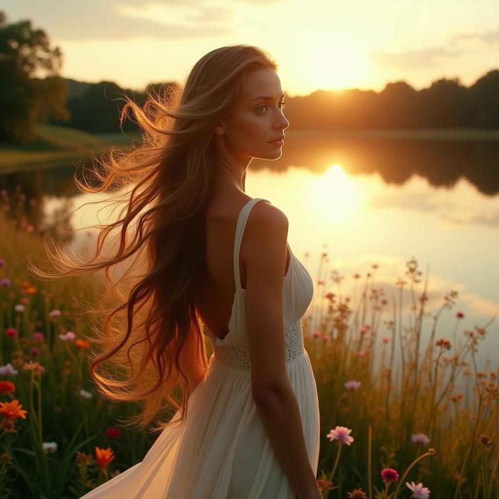 Golden Sunset: Woman with Long Hair by Lake