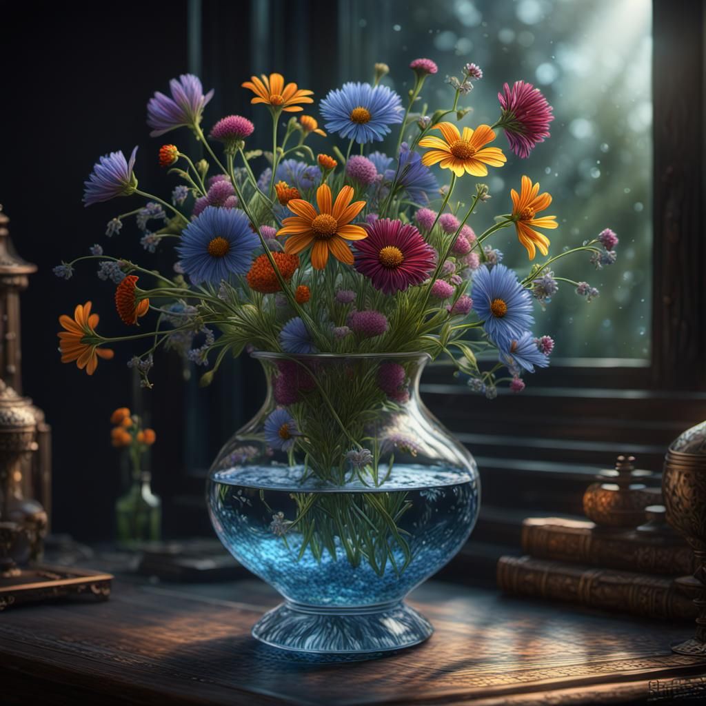 Wildflowers in Glass Vase: Detailed Matte Painting