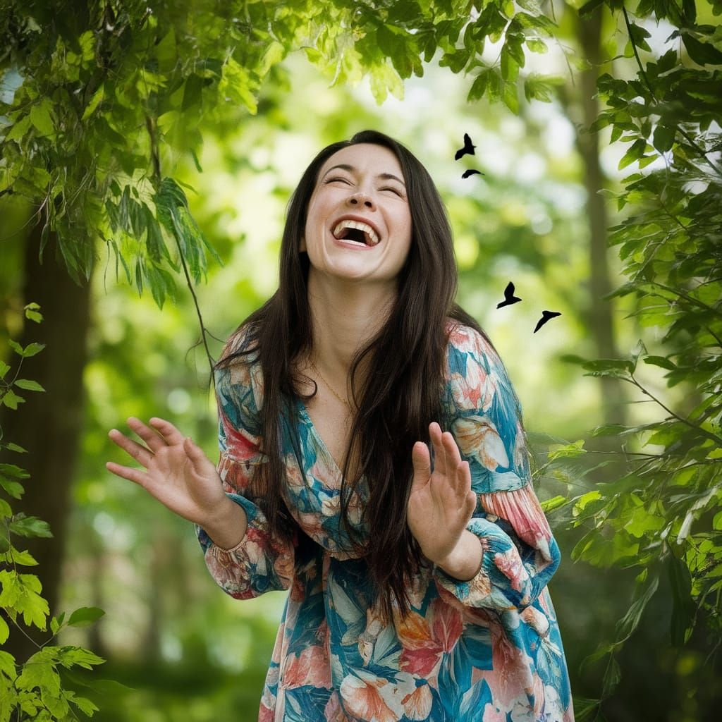 Woman Laughing Hysterically in Sunlit Forest