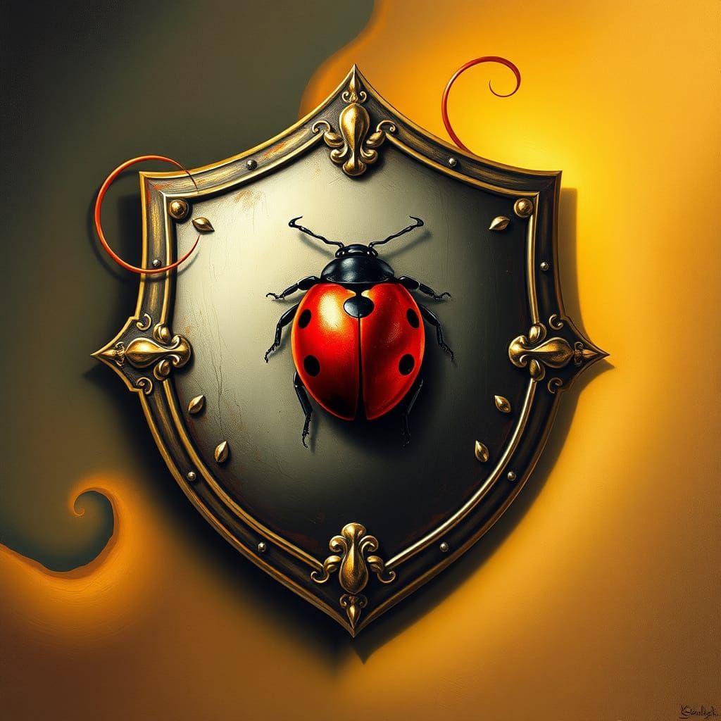 Surrealist Shield with Ladybug Emblem in Intricate Detail
