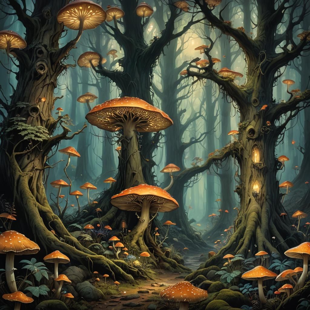 Enchanted Glowing Mushroom Forest in Dark Fantasy Style