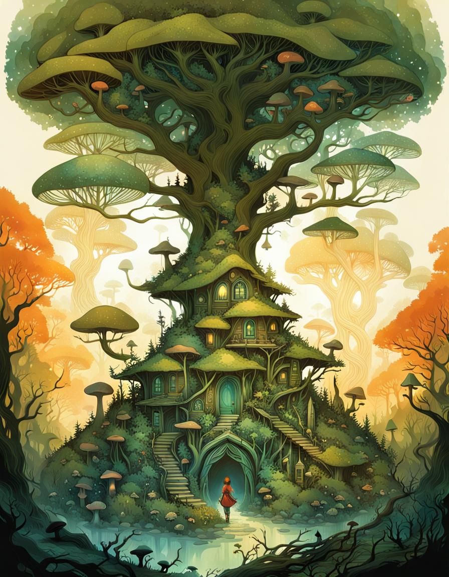 Enchanted Elf Portrait with Tree Village Double Exposure