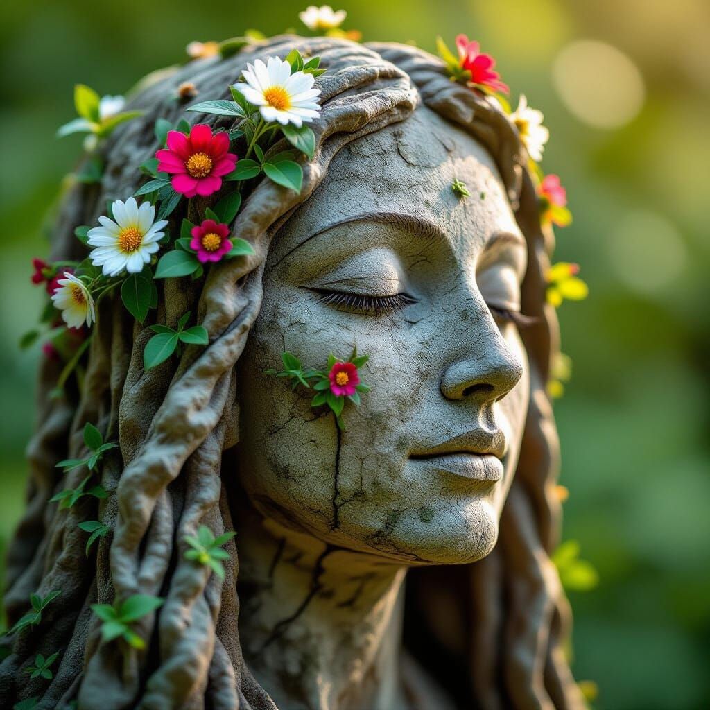 Stone Woman with Floral Hair: Portrait Photography