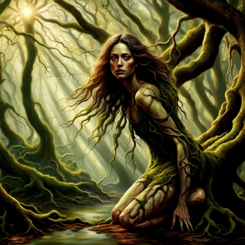 Woman Transforms Into Forest, Dark Academia Art