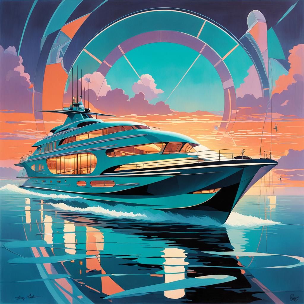 Futuristic Hovercraft at Sunset in Art Deco Style