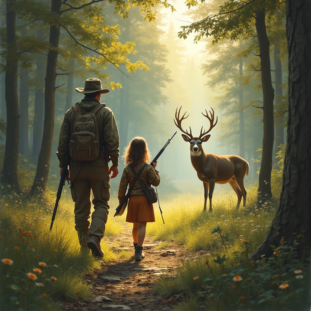Father and Daughter Hunting in a Serene Forest Landscape