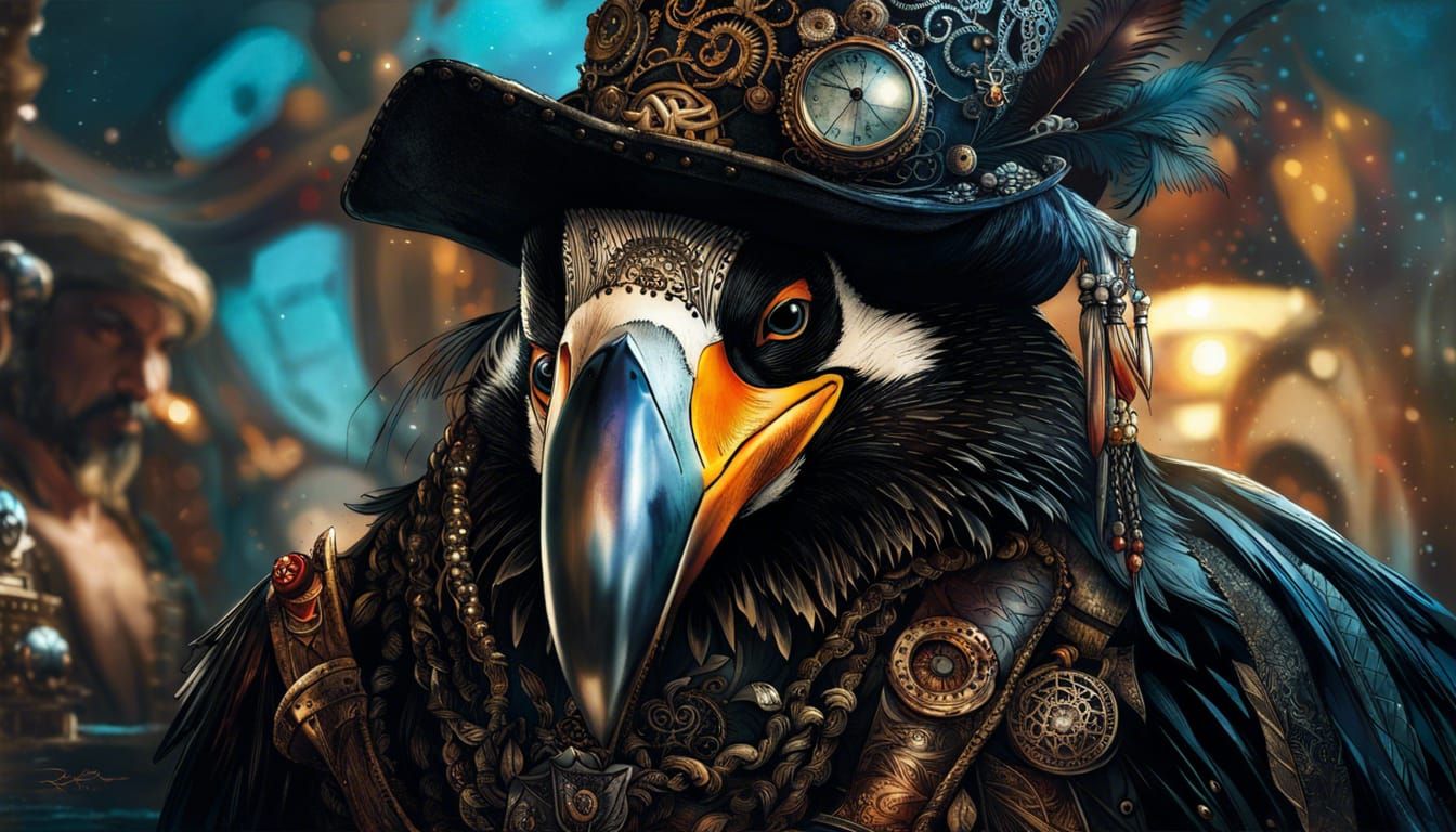 Detailed Pirate Penguin Crew Portrait in Maximalist Style