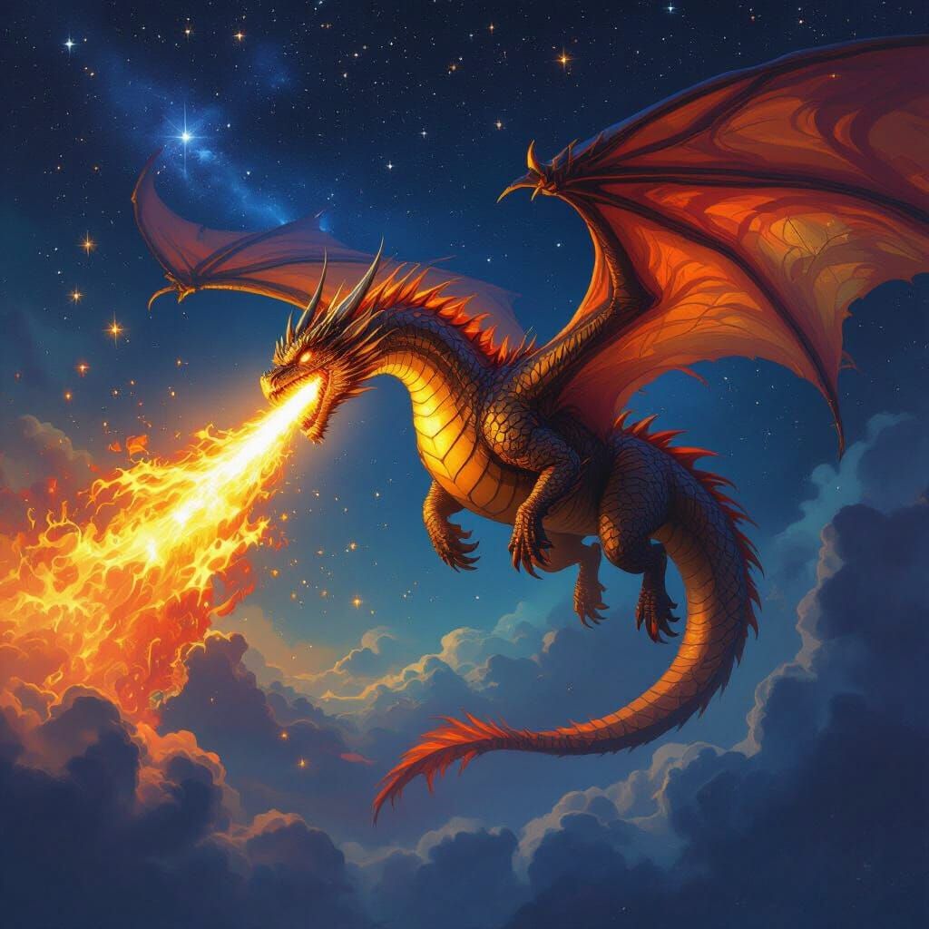 Golden Dragon Breathes Fire Across Starry Night Sky