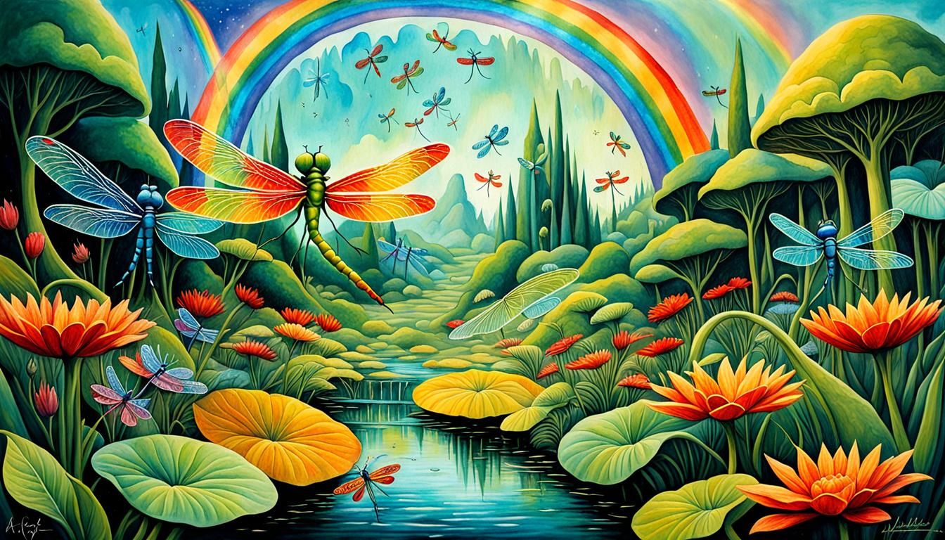 Elf Dragonflies Ride Rainbows in Surreal Garden