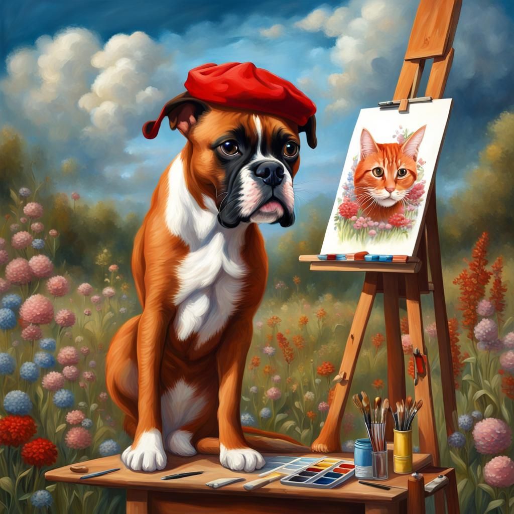 Boxer Dog Painting a Cat Portrait in a Meadow