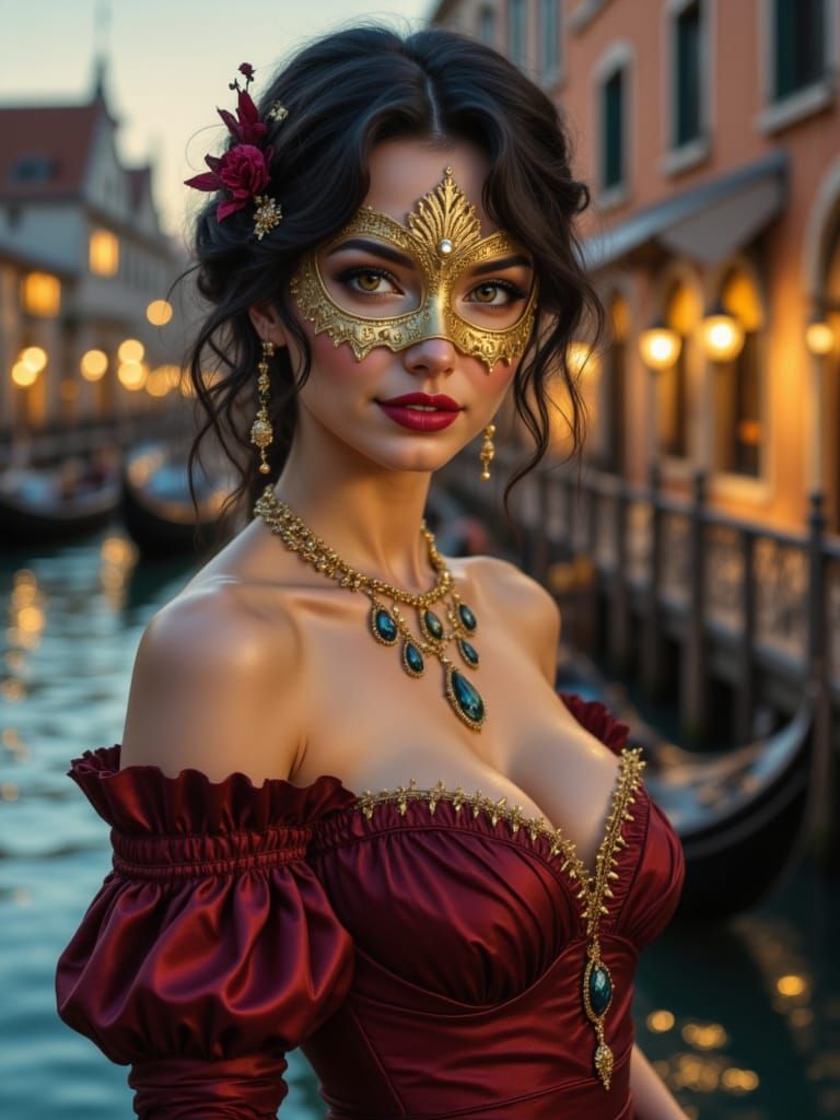 Venetian Lady in Gold Mask and Burgundy Dress