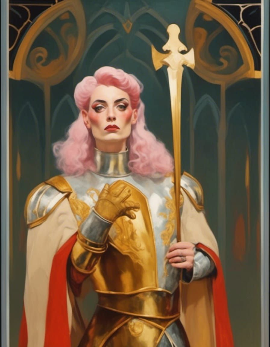 A red haired, charismatic Joan of arc as a drag king singing in a men’s suit that looks like armor in the style of <lor...