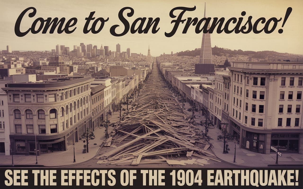 A 1960’s style Travel Poster advertising the 1904 San Francisco Earthquake.